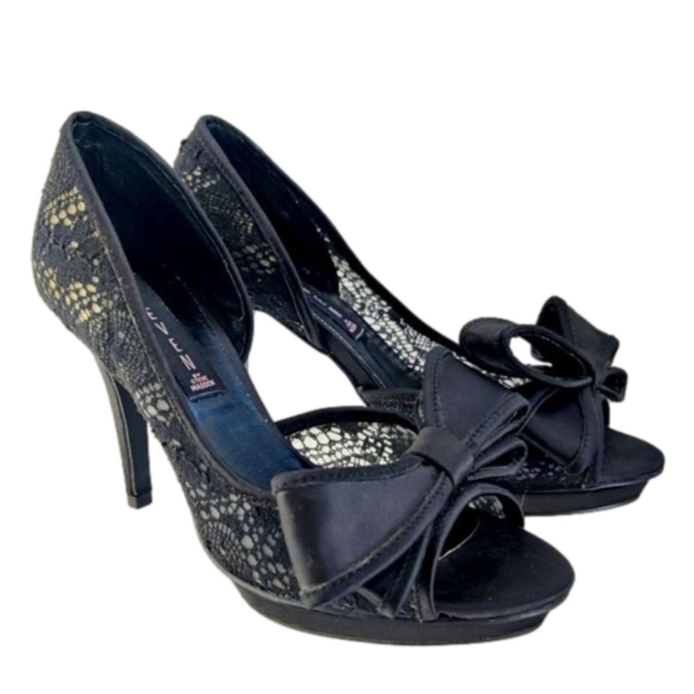Steve madden Vale Sz 6 Giant Bow Black Lace D'Orsay Platform Stiletto Peep Heels